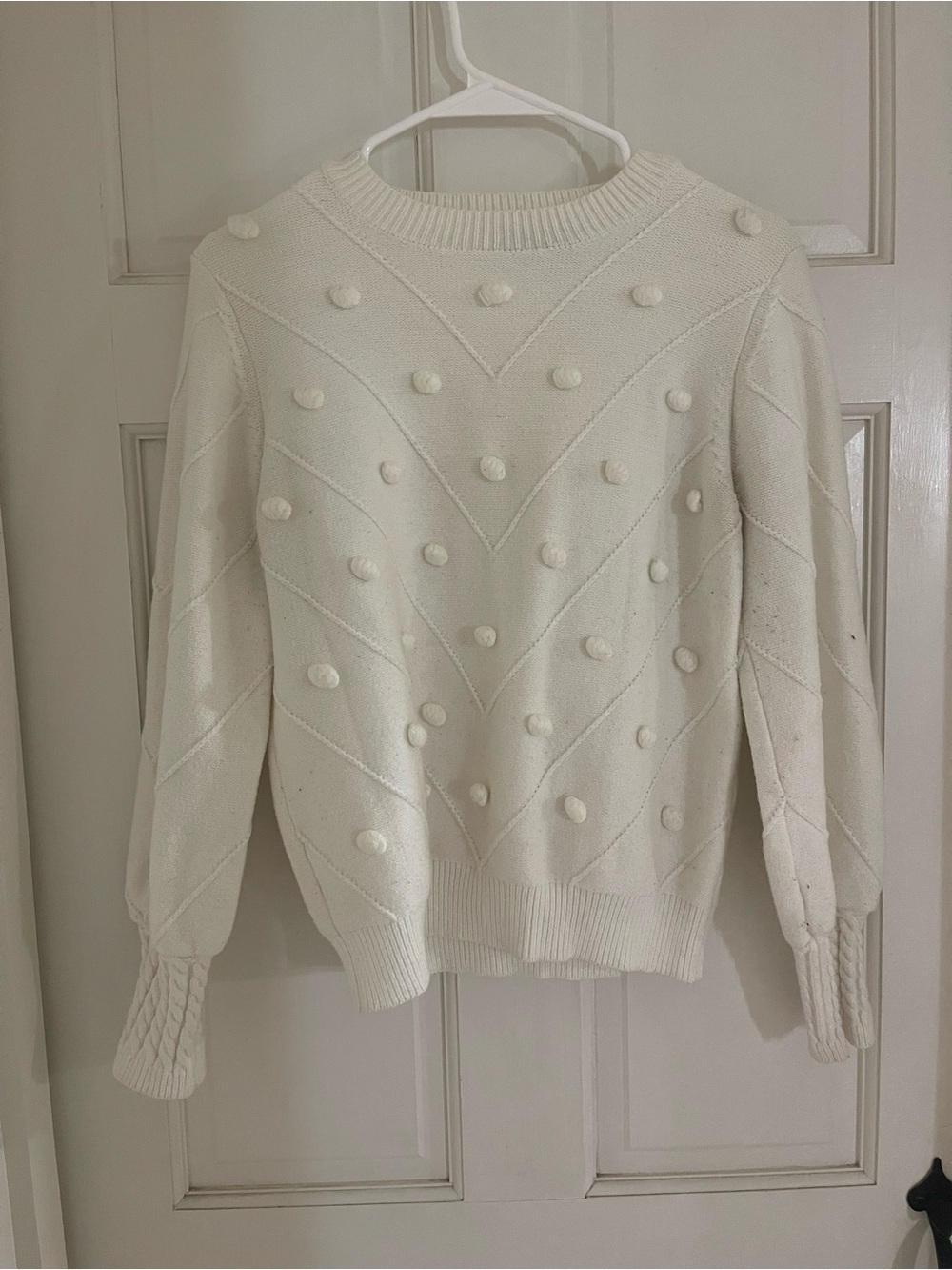 Simplee Apparel Ivory Pom-Pom Chevron Crewneck Sweater